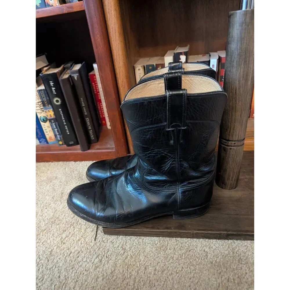 Justin Boots Mens 11.5D Roper Cowboy Western Mid Calf Black Leather Pull On